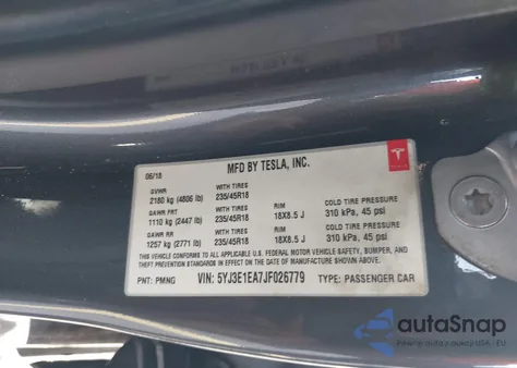 2018 Tesla Model 3 from USA, damaged, VIN 5YJ3E1EA7JF026779